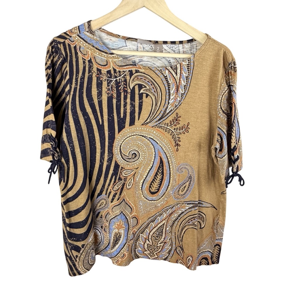 Chico's T Shirt Women's Size 2 (L) White Multicolor Boho Floral Paisley Casual